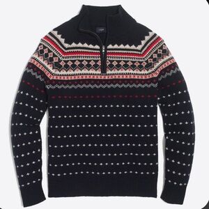 J. crew Lambs Wool Navy Blue Mock Neck Patterned Crew Neck Sweater